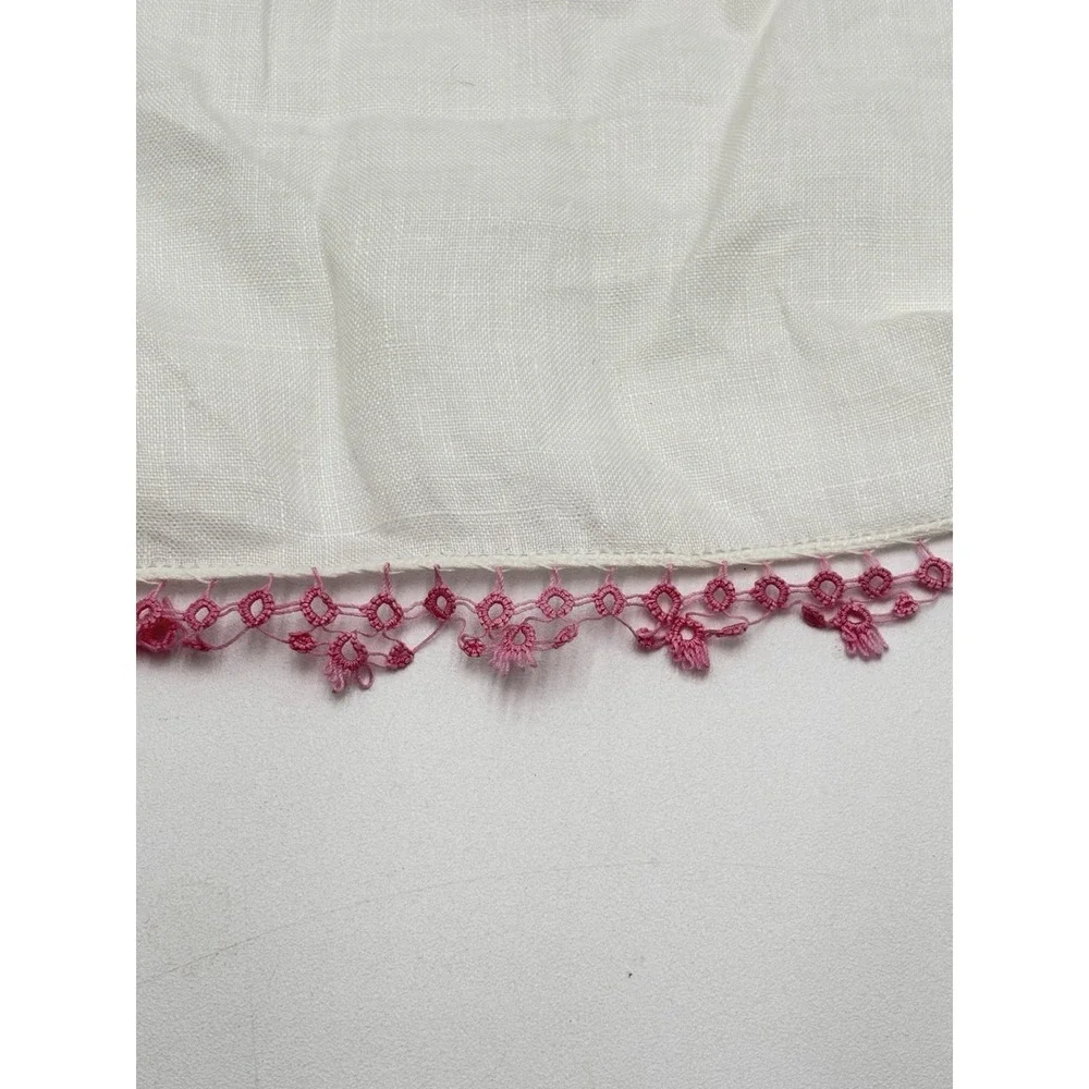 Vintage Linen Handkerchief Set 2 Tatting Lace Trim Pink Yellow Wedding Hankies